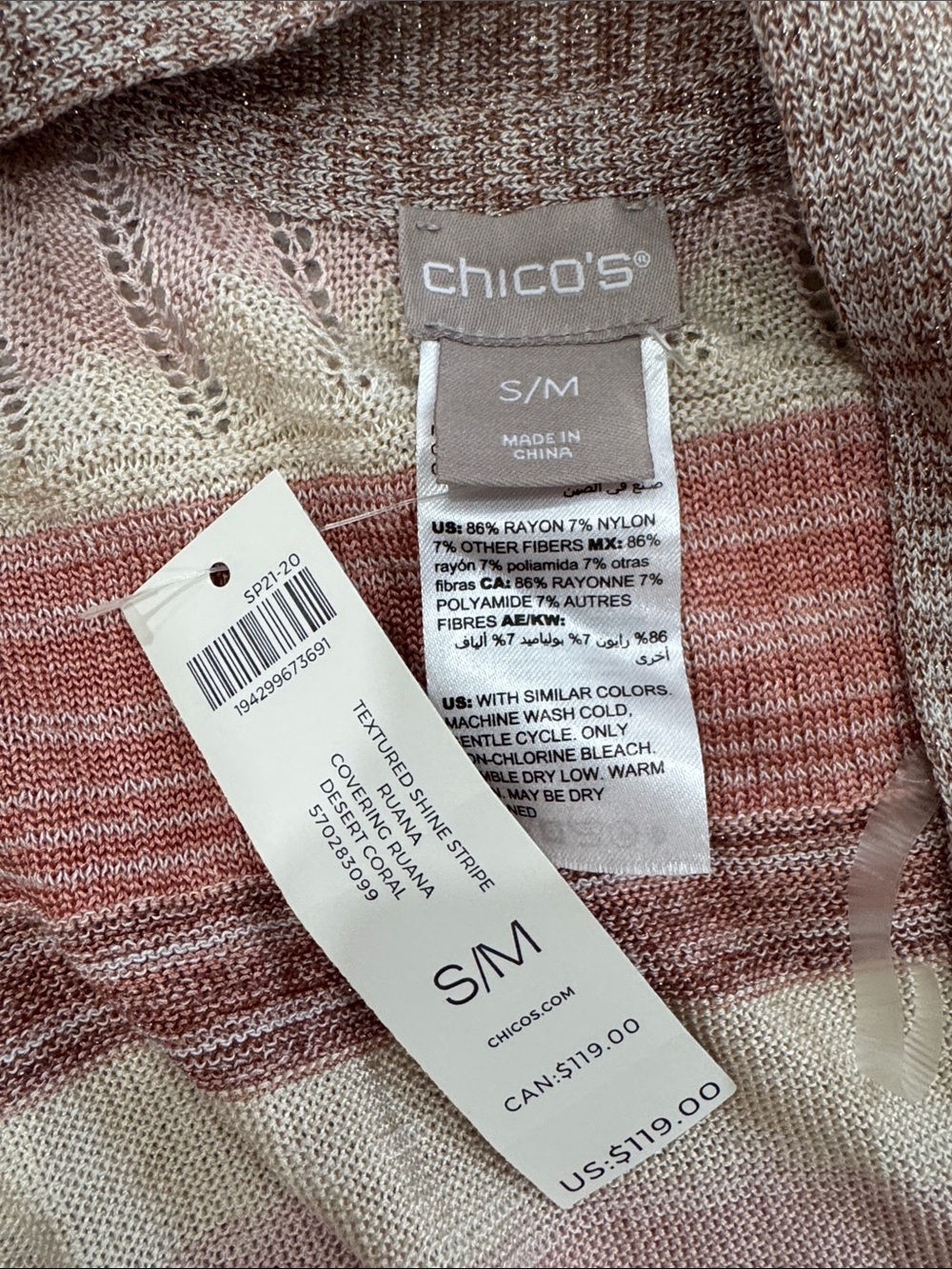 Chicos new Striped Open-Knit Cardigan in Cream, Blush & Taupe modest chic - Picture 6 of 6